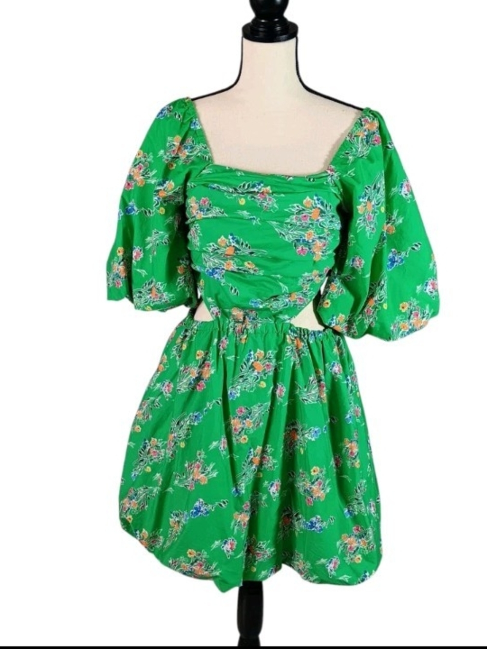 NWT A New Day Green Floral Puff Sleeve Cutout Bubble Mini Dress, Medium